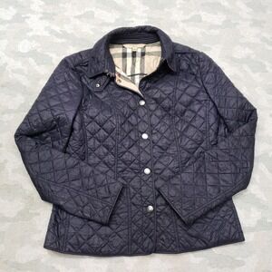 Burberry Brit Jacket Womens Medium Blue Kencott Diamond Quilted Button